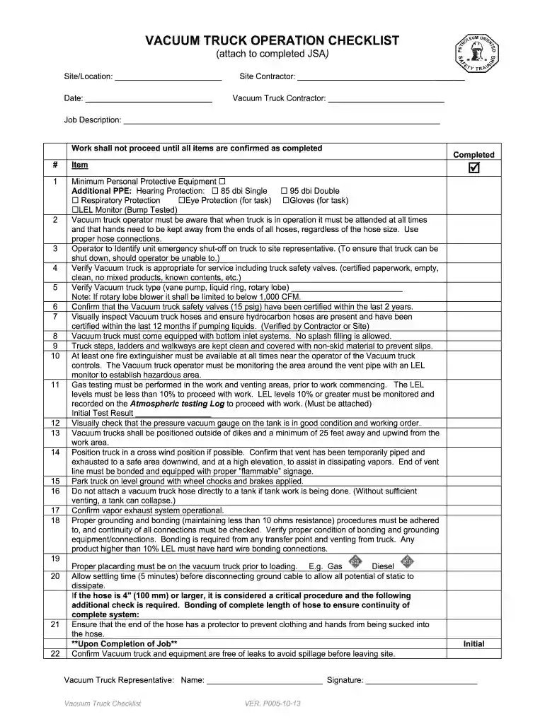 vacuum truck safety checklist Preview on Page 1
