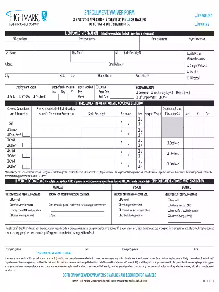 highmark enrollment form Preview on Page 1