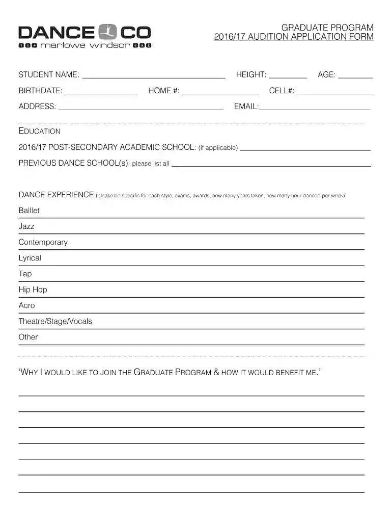 2016 Grad Program Audition Form - Dance Co Preview on Page 1