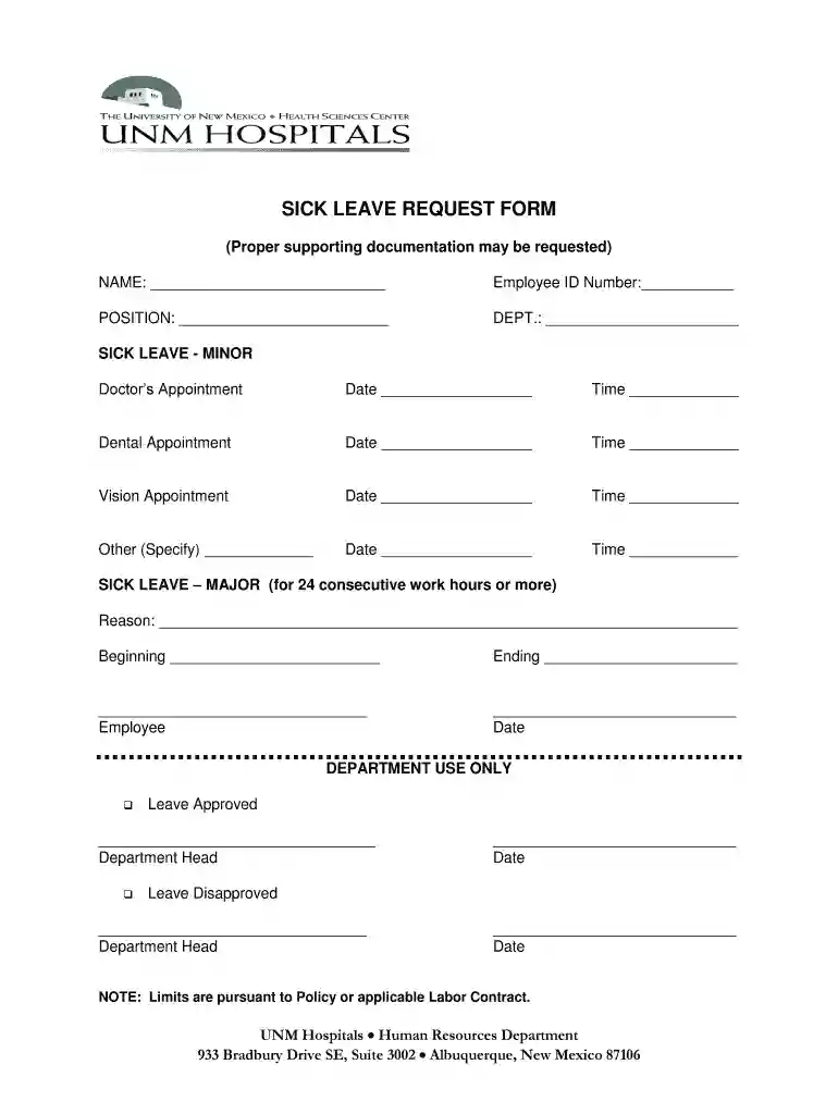 sick leave form from hospital Preview on Page 1