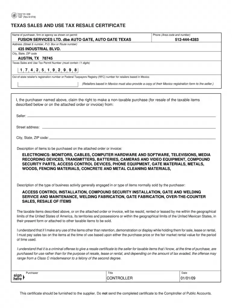 texas resale certificate Preview on Page 1