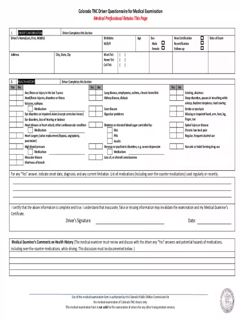 driver questionnaire form Preview on Page 1
