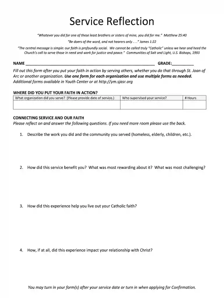 Service Reflection Form - St Joan of Arc Youth Ministry Preview on Page 1