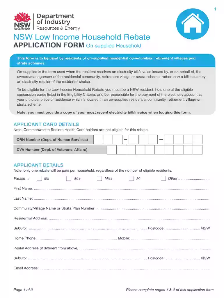 NSW Low Income Household Rebate Application form NSW Low Income Household Rebate Application form Preview on Page 1
