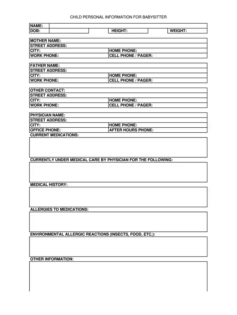 babysitter forms Preview on Page 1