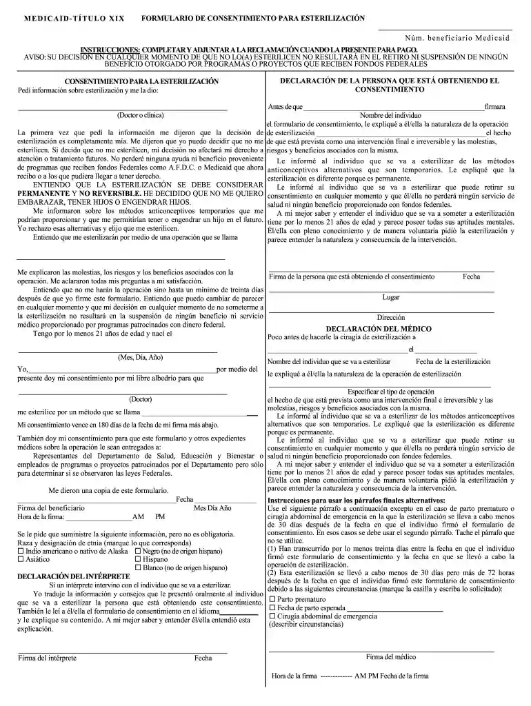 medicaid sterilization consent form 2023 spanish Preview on Page 1
