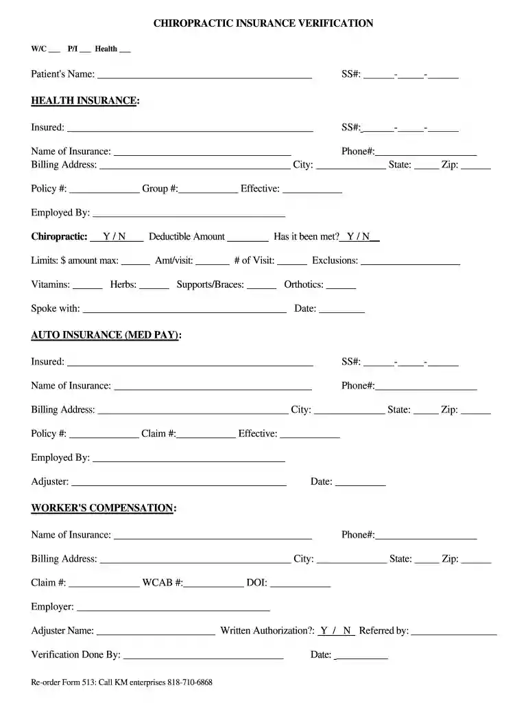 chiropractic insurance verification form Preview on Page 1