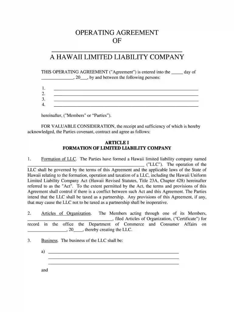 llc operating agreement hawaii Preview on Page 1
