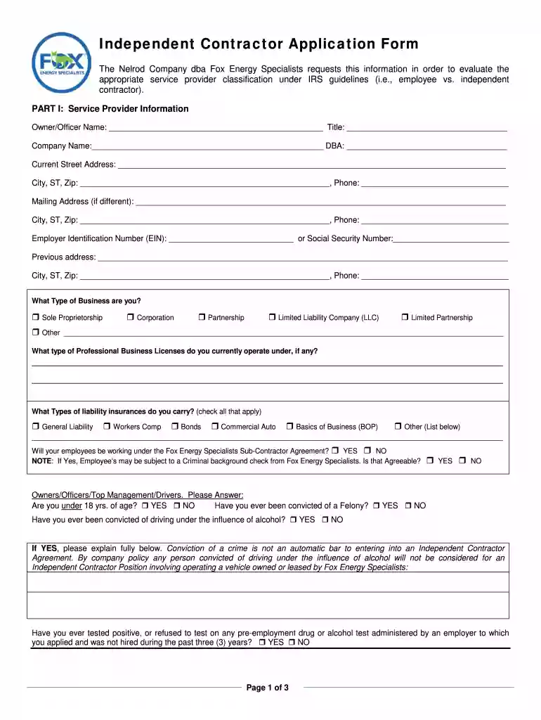 contractor application form Preview on Page 1