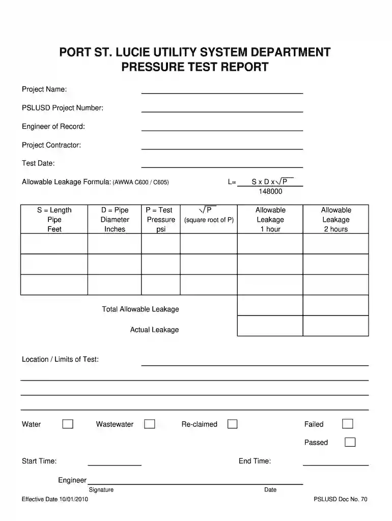 water pressure test form Preview on Page 1