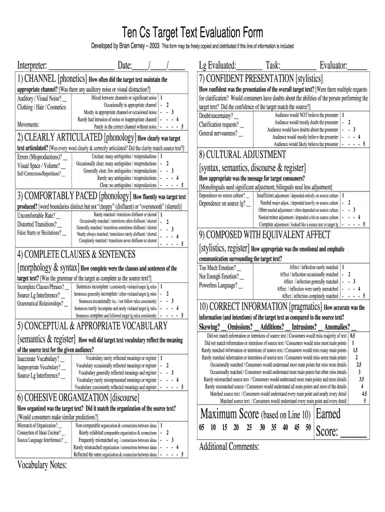 Ten Cs Target Text Evaluation Form - Hand and Mind - handandmind Preview on Page 1