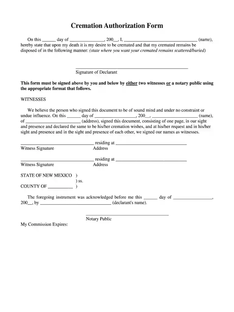 new mexico cremation authorization form Preview on Page 1