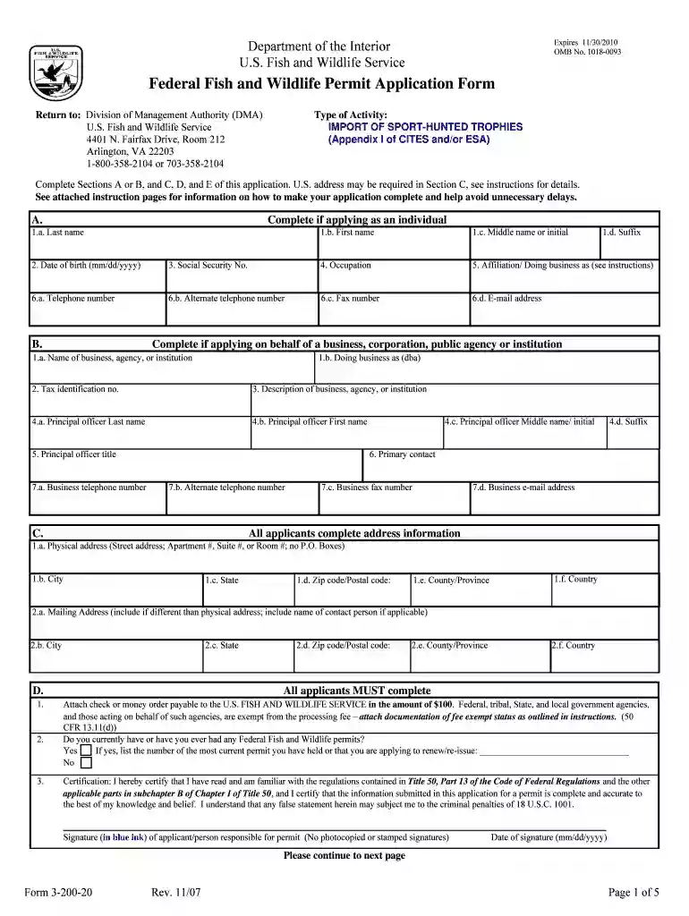U S Fish and Wildlife Service Form 3-200-20 Import of sport-hunted trophies (Appendix I of CITES and Preview on Page 1