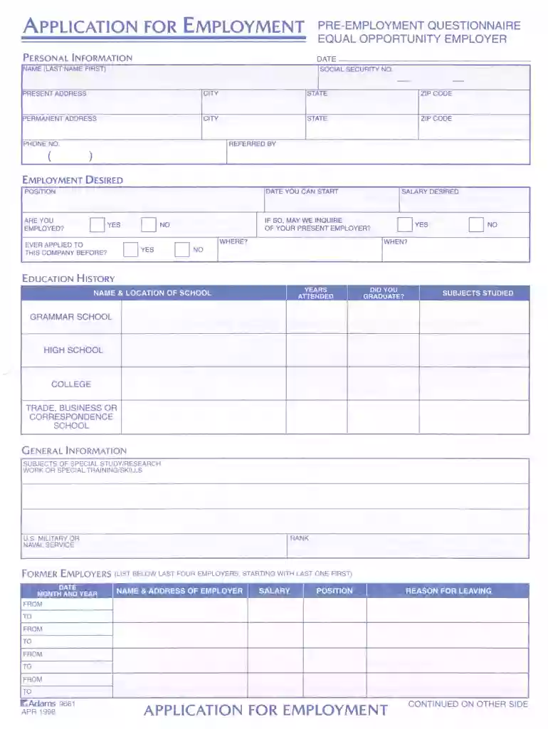 adams application for employment Preview on Page 1