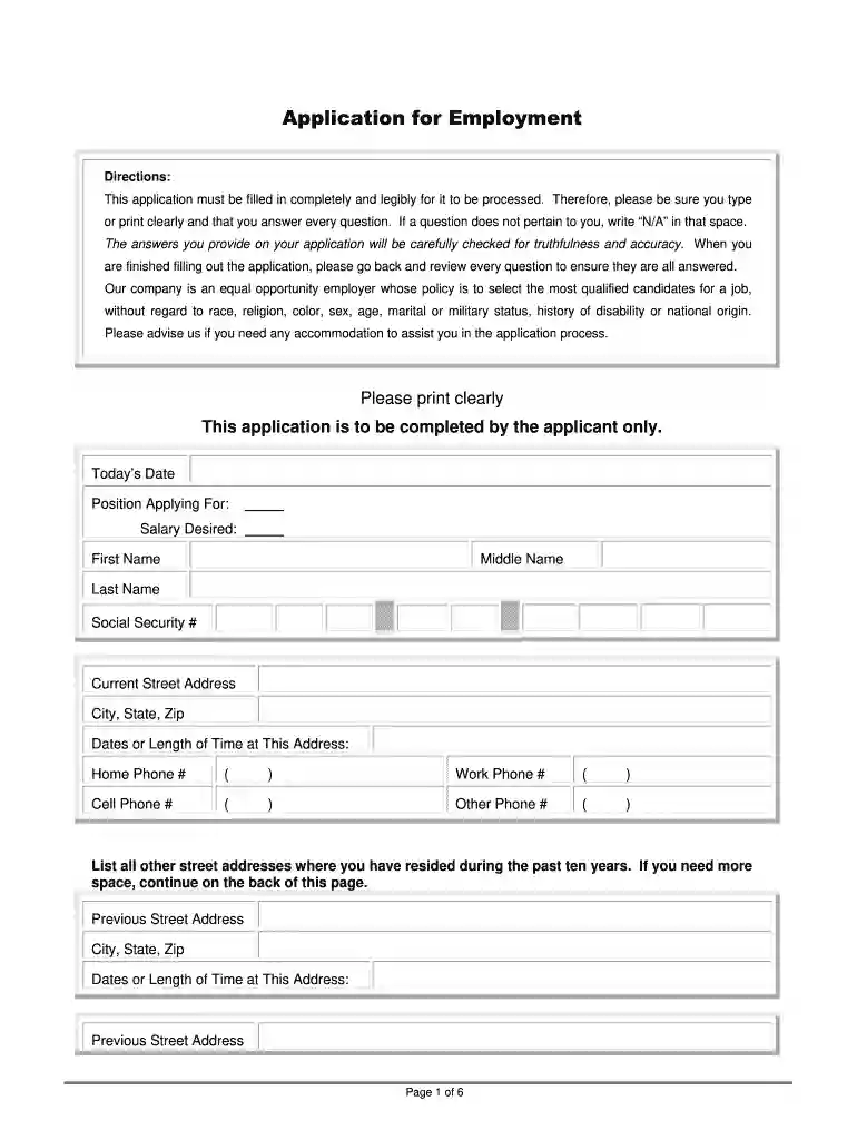 employee application template Preview on Page 1