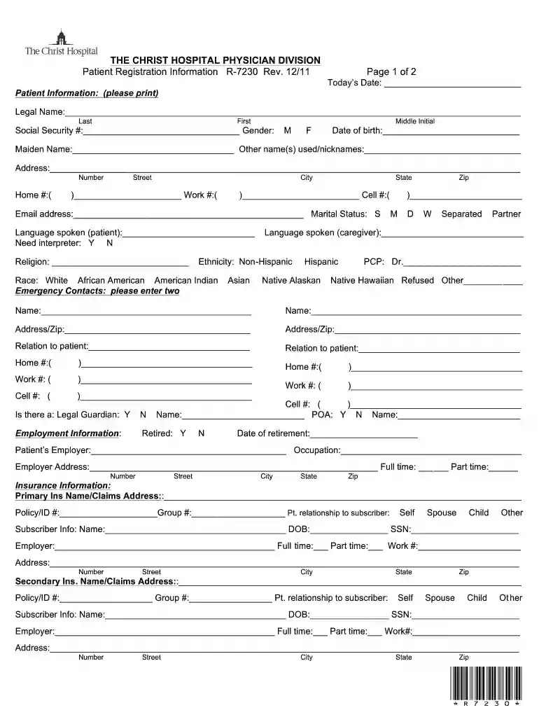 christ hospital registration form Preview on Page 1
