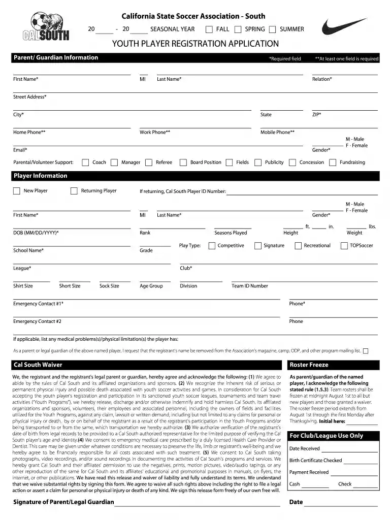 cal south registration form Preview on Page 1