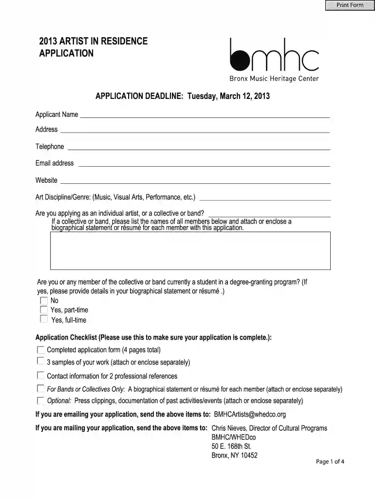 2013 ARTIST IN RESIDENCE APPLICATION - whedcoorg Preview on Page 1