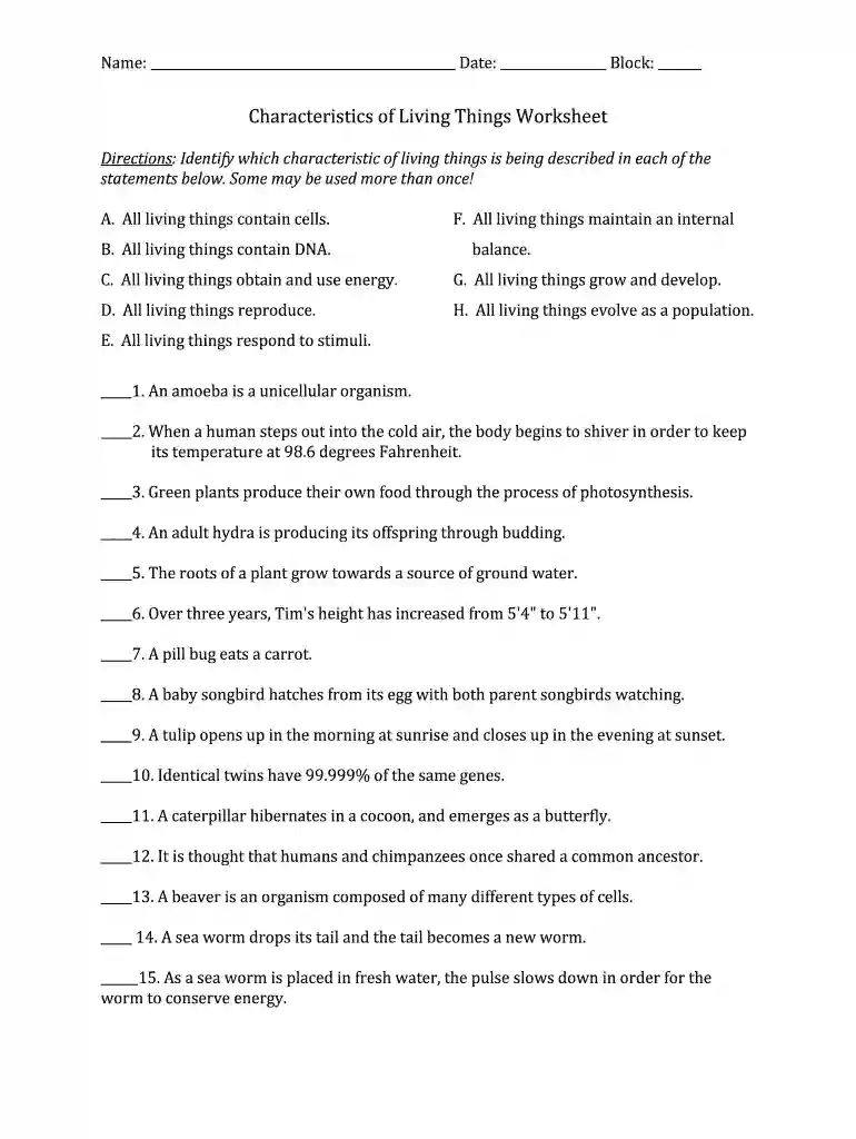 characteristics of living things worksheet grade 7 Preview on Page 1