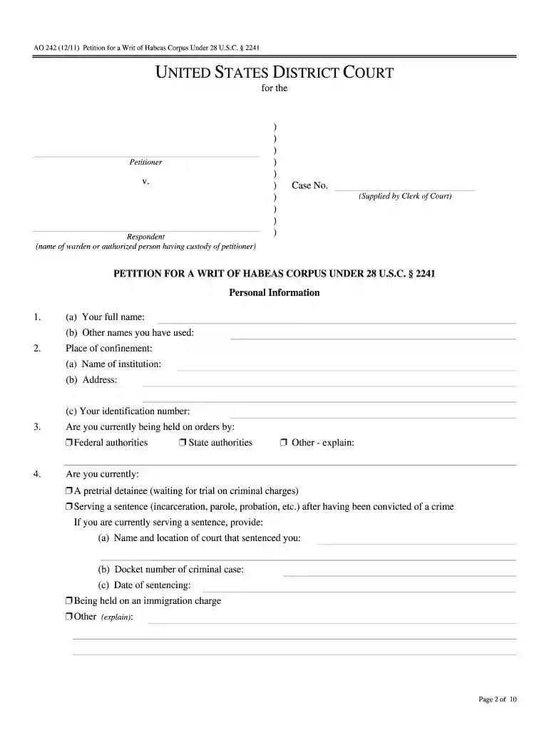 Petition for a Writ of Habeas Corpus Under 28 U S C 2241 Preview on Page 1