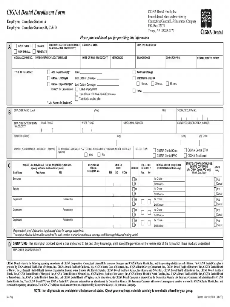 cigna dental enrollment form Preview on Page 1