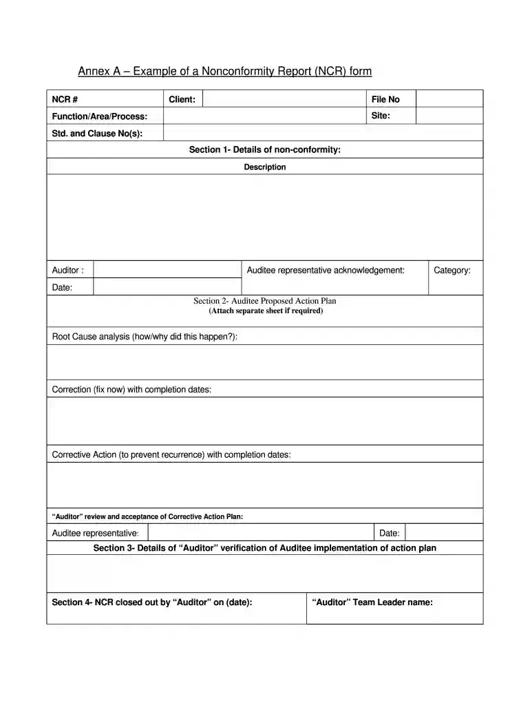 non conformance report form Preview on Page 1
