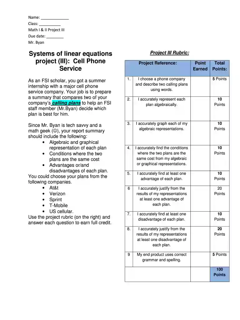 linear equations project Preview on Page 1