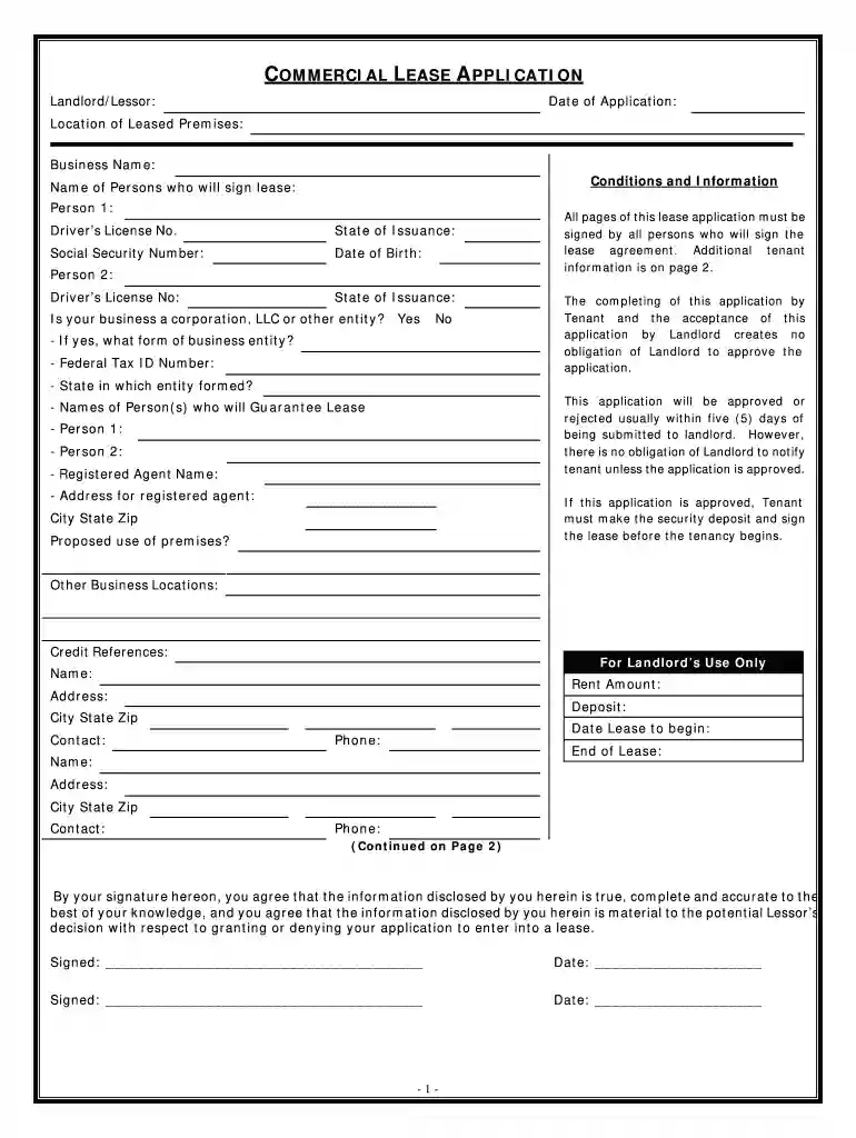 commercial lease application Preview on Page 1