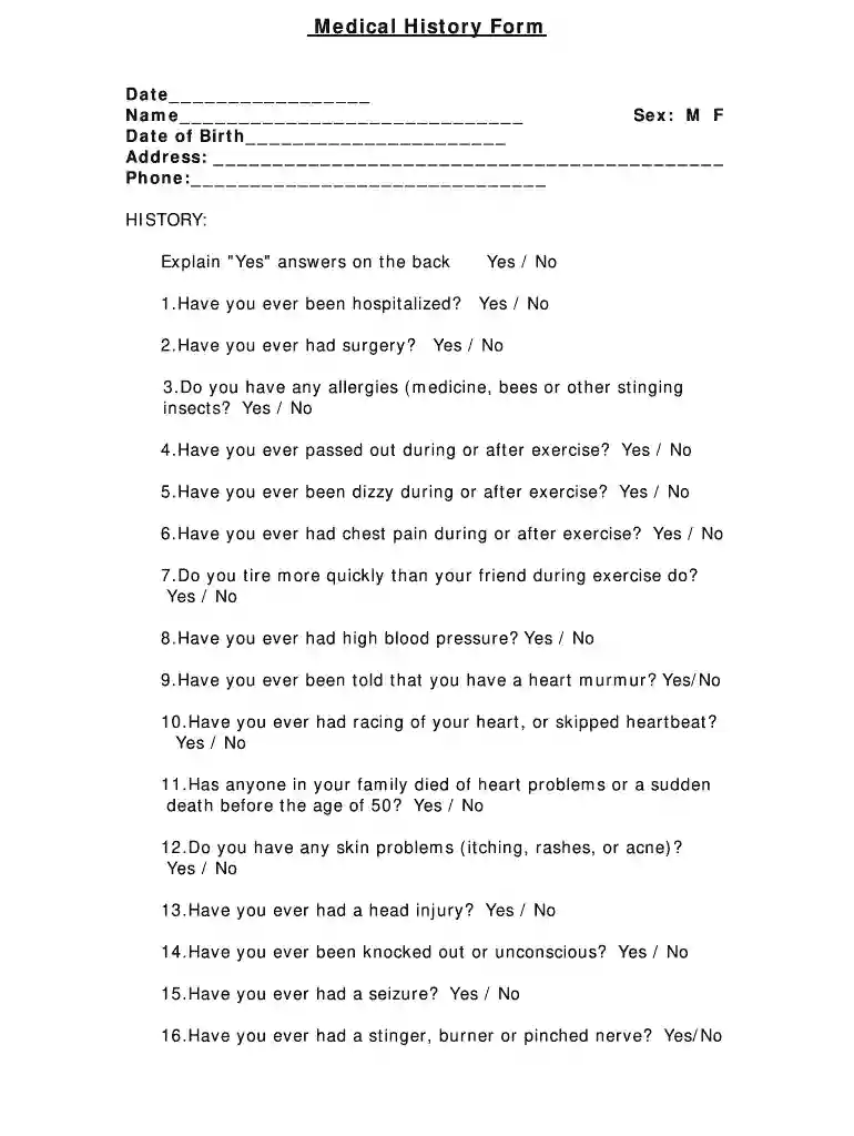Physical Form / Medical History Form - killeentexas Preview on Page 1