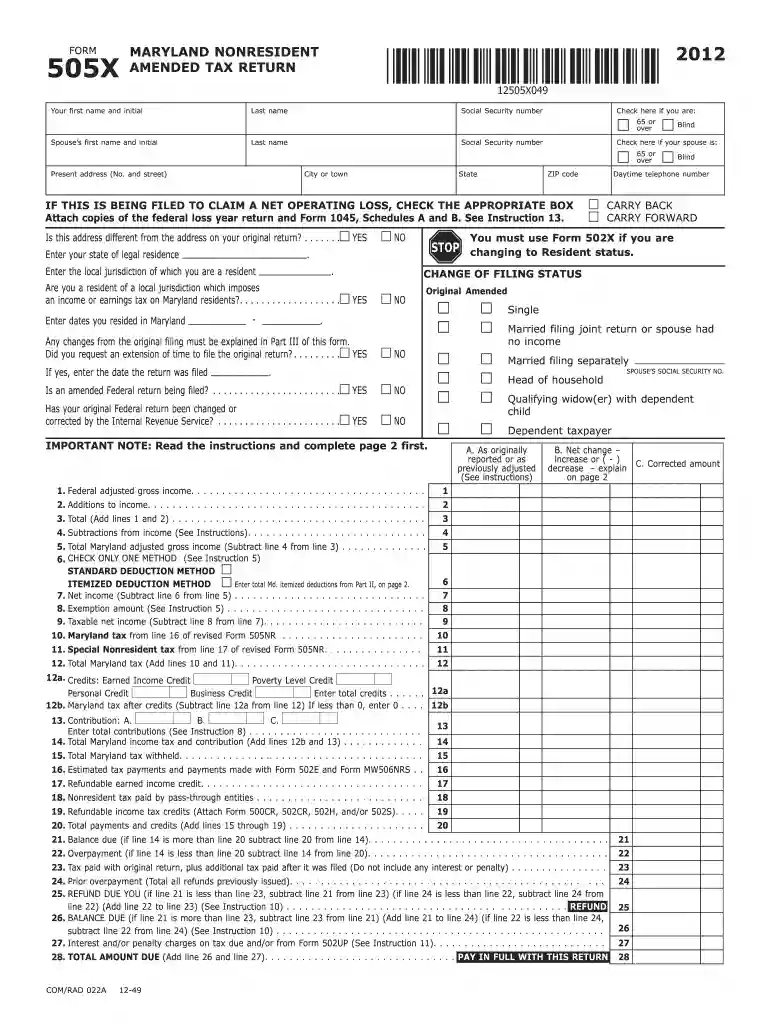 how do i fill out 505x 2012 form Preview on Page 1