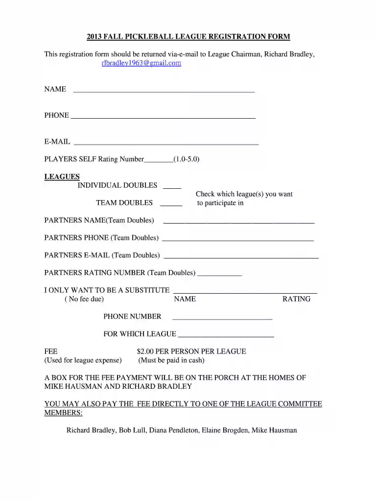 pickleball registration form Preview on Page 1