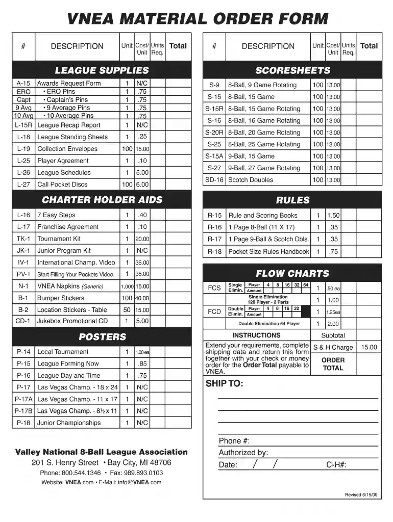 VNEA MATERIAL ORDER FORM Preview on Page 1
