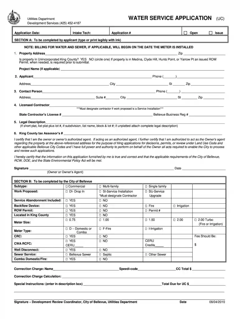 Water Service Application - City of Bellevue Preview on Page 1