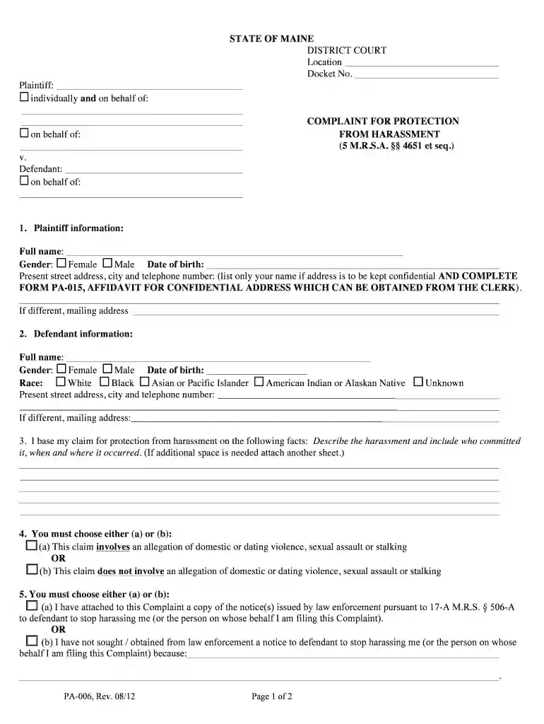 STATE OF MAINE DISTRICT COURT Location Docket No Plaintiff Preview on Page 1