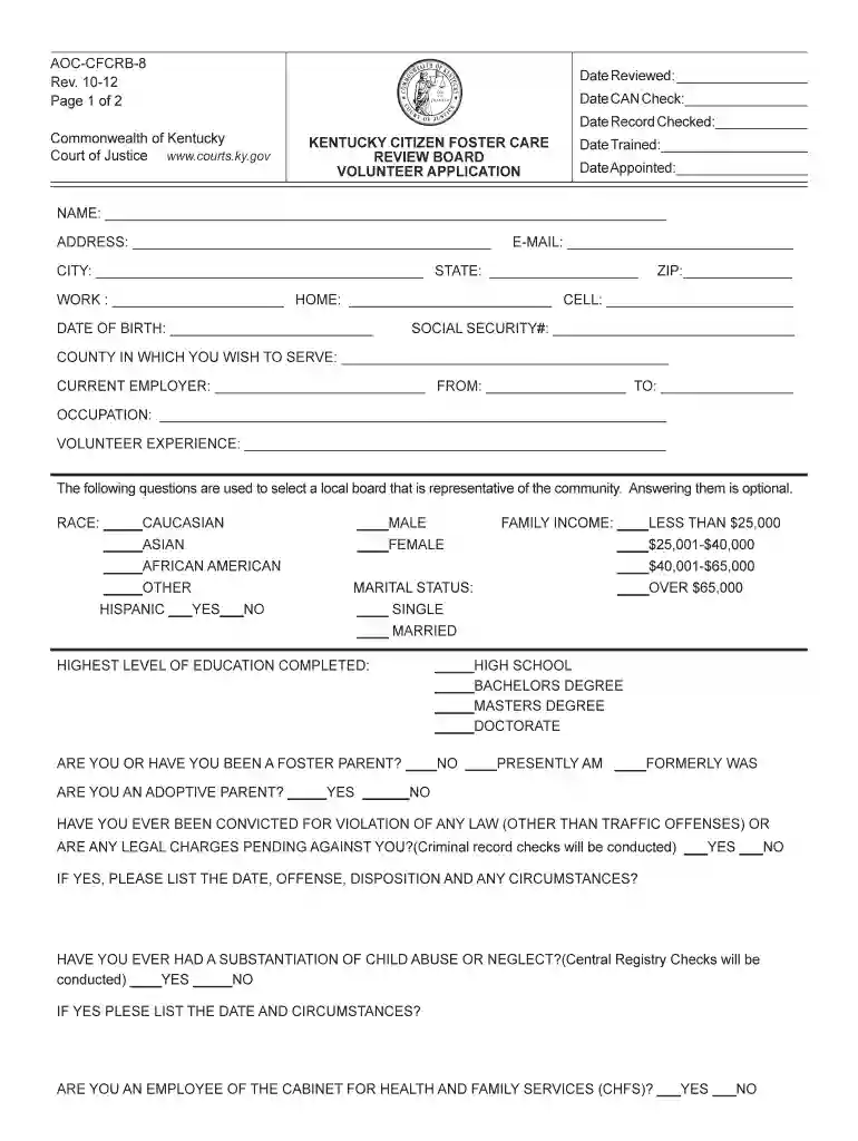 Kentucky Citizen Foster Care Review Board Vounteer Application Preview on Page 1