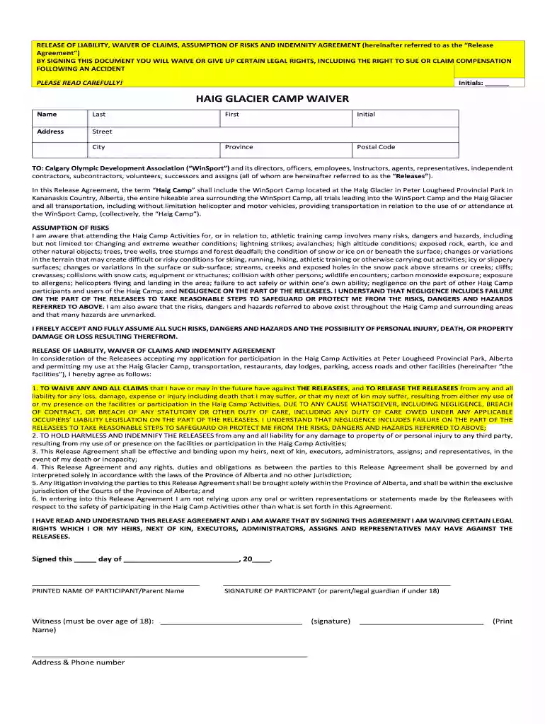 haig camp waiver form blank Preview on Page 1