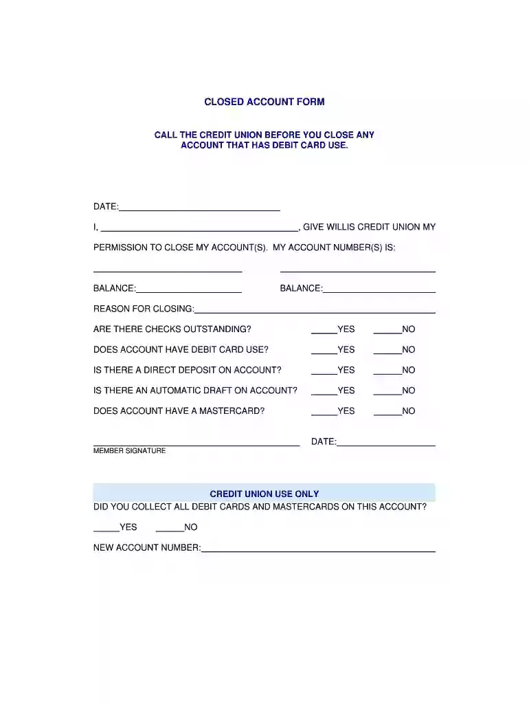 CLOSED ACCOUNT FORM - bwilliscubbcoopb Preview on Page 1