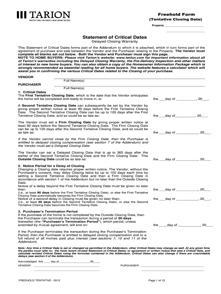 tarion hold form Preview on Page 1