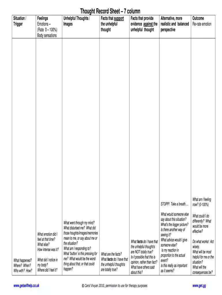 thought record sheet 7 column Preview on Page 1