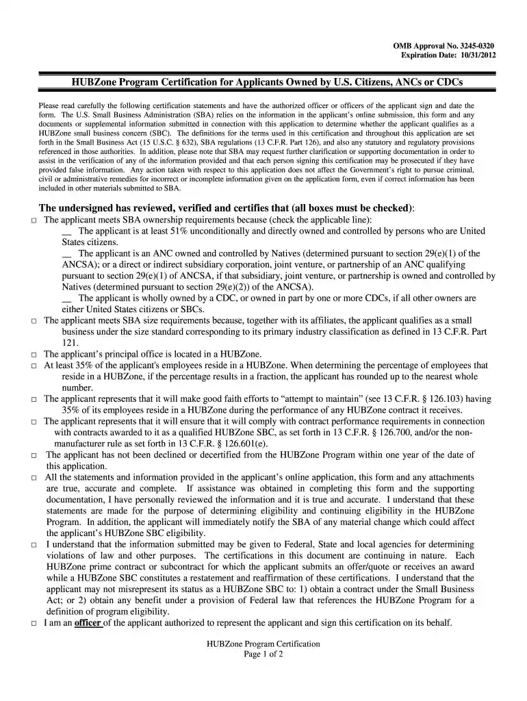 hubzone certification application Preview on Page 1