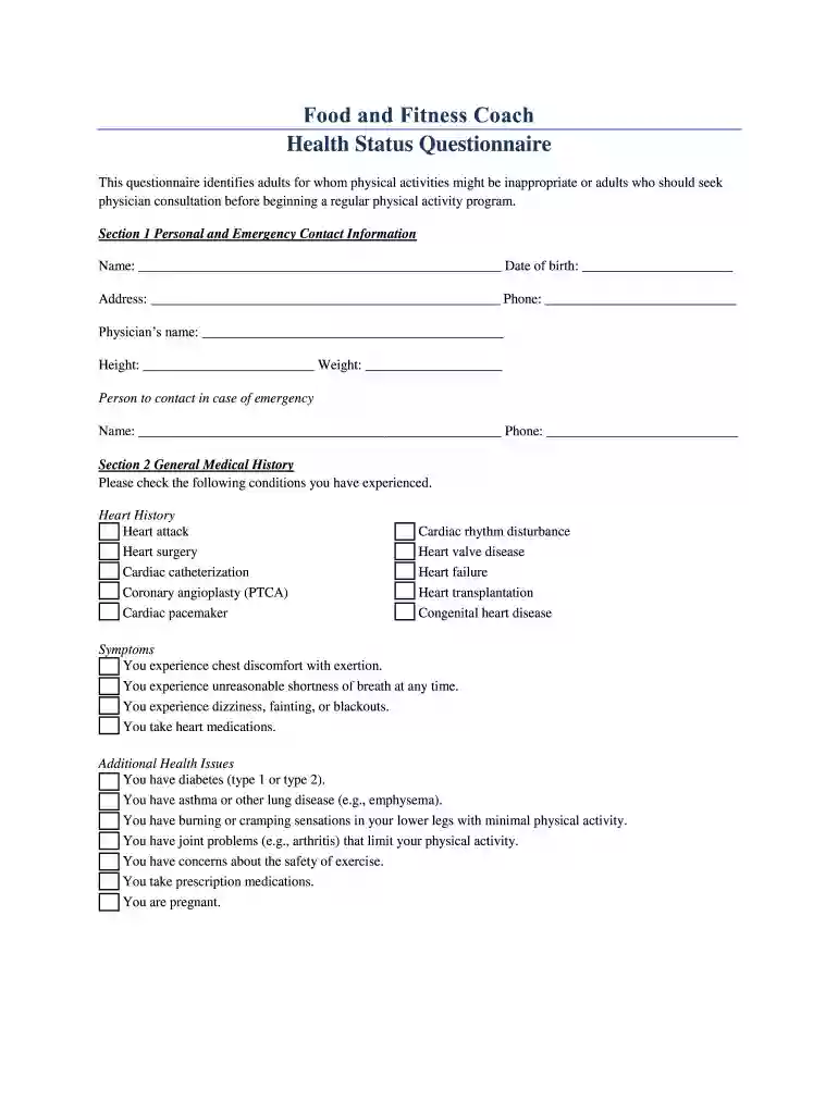 health coach questionnaire Preview on Page 1