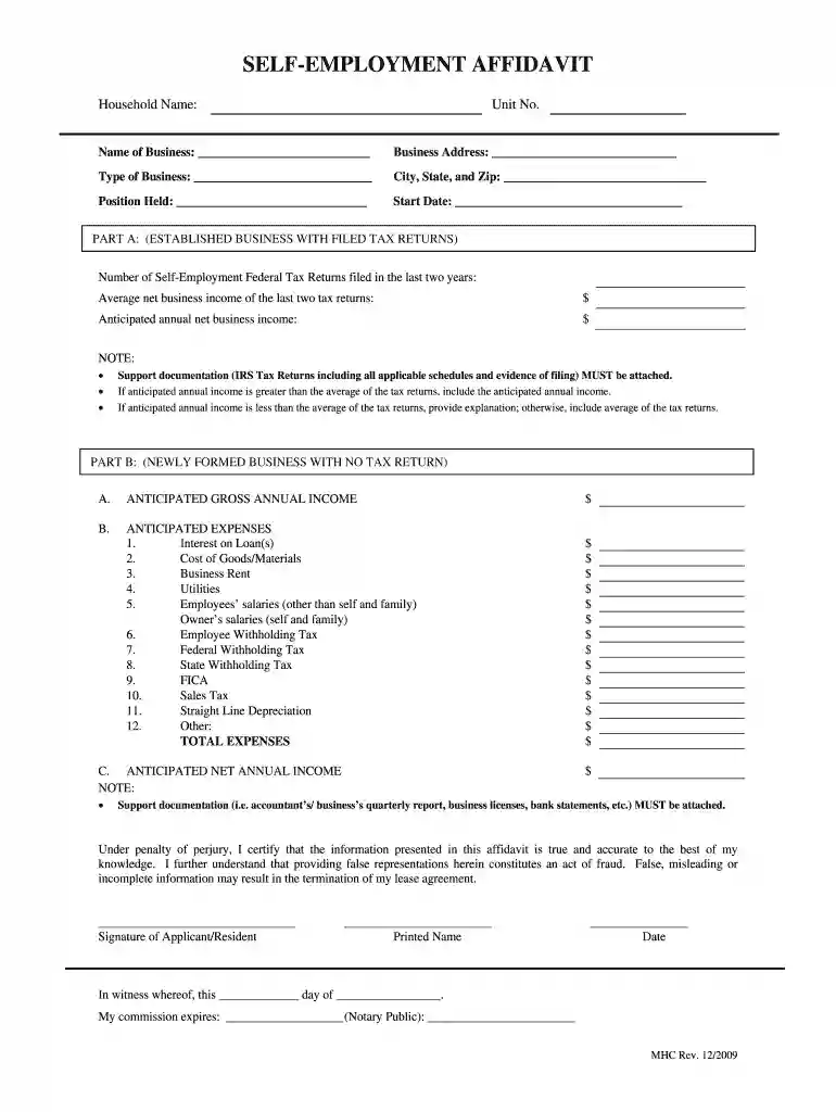 self employment affidavit form Preview on Page 1