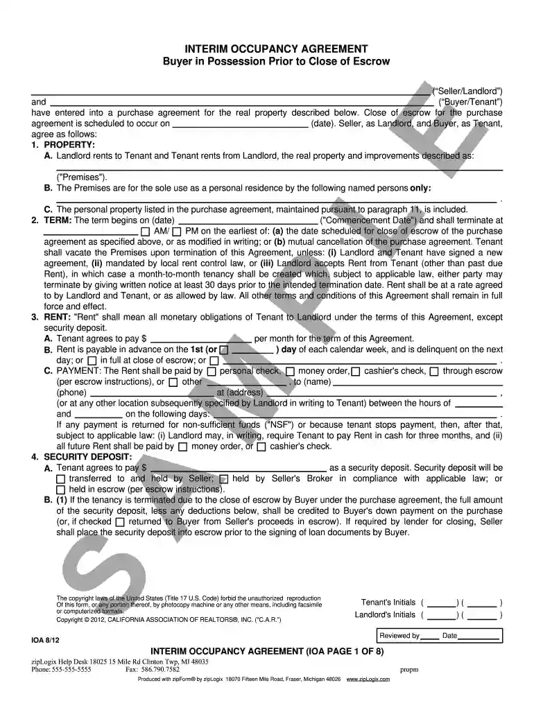interim occupancy agreement Preview on Page 1