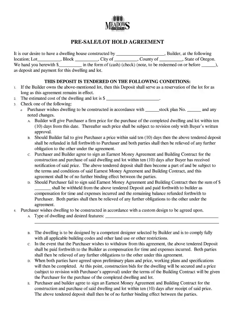 PRE-SALELOT HOLD AGREEMENT - Meadows Back Office Preview on Page 1