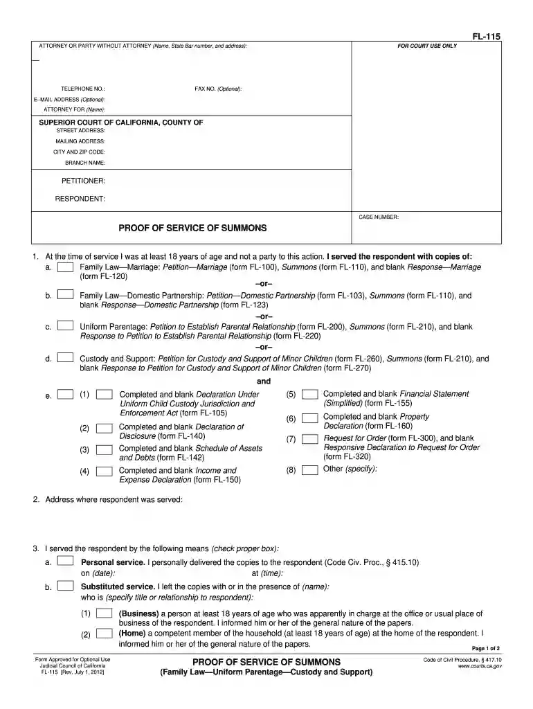 fl 115 proof of service of summons 2005 form Preview on Page 1