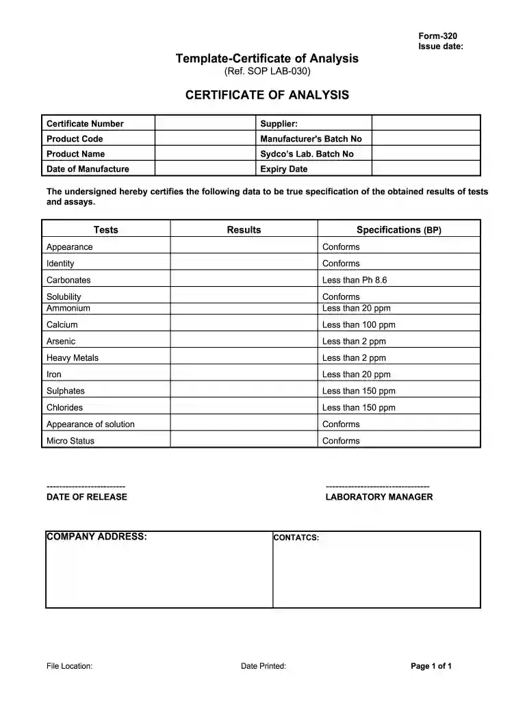 certificate of analysis template Preview on Page 1