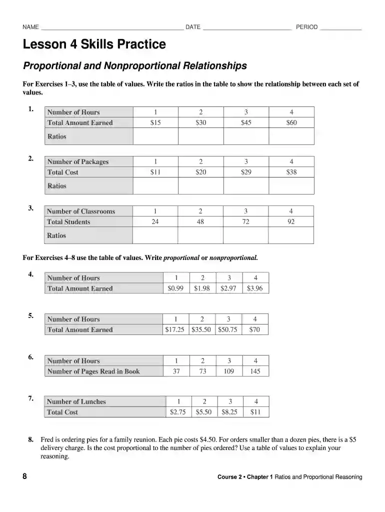 proportional and nonproportional relationships worksheet Preview on Page 1