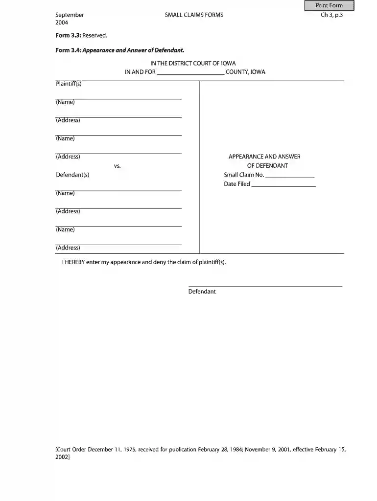 Iowa Small Claims Appearance and Answer Form Preview on Page 1