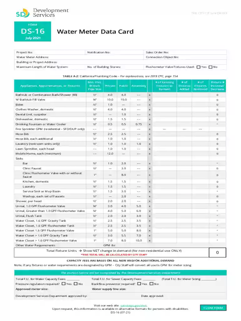 Water Meter Data Card - City of San Diego Preview on Page 1