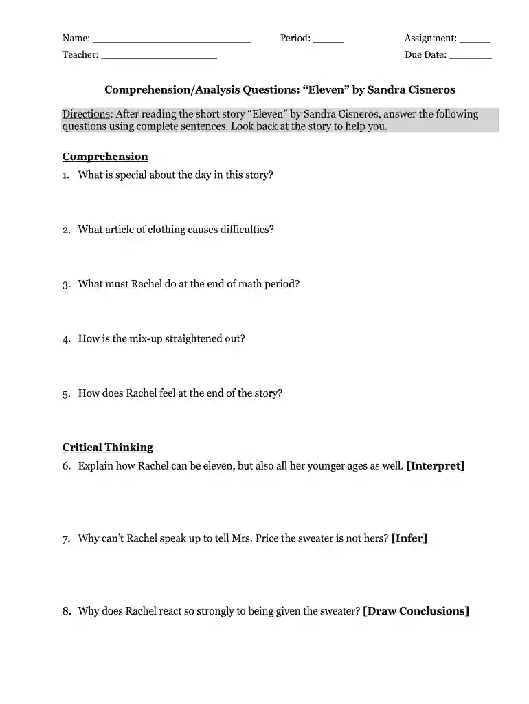 eleven'' by sandra cisneros questions and answers pdf Preview on Page 1